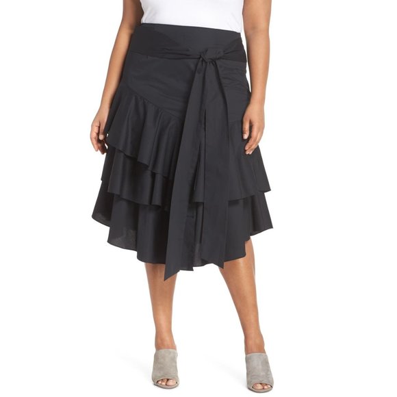 NWT Womens Plus Size 14W Vince Camuto Black Tiered Ruffle Belted Unlined Skirt - Picture 2 of 5